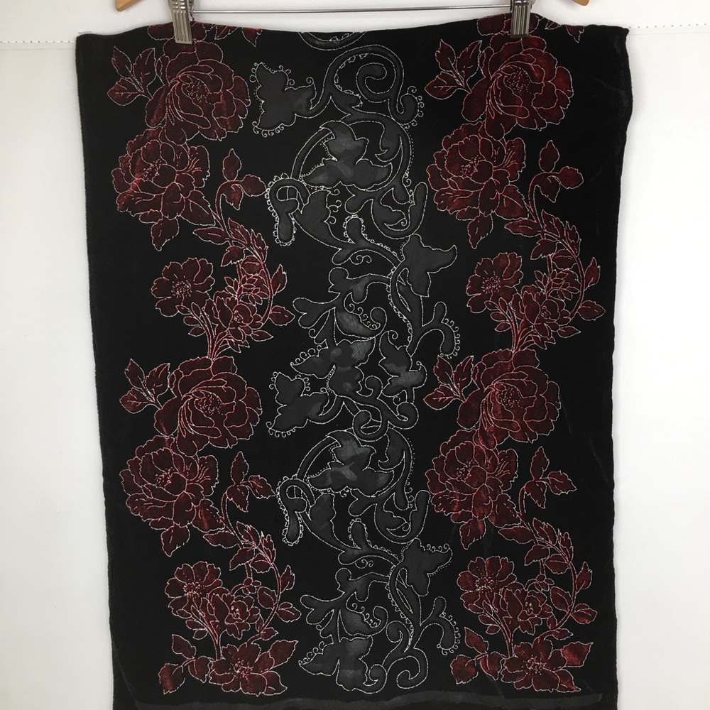 Floral Velvet Burnout Wide Scarf Wrap Black Red Sheer Fringe Evening Romantic - Picture 10 of 15
